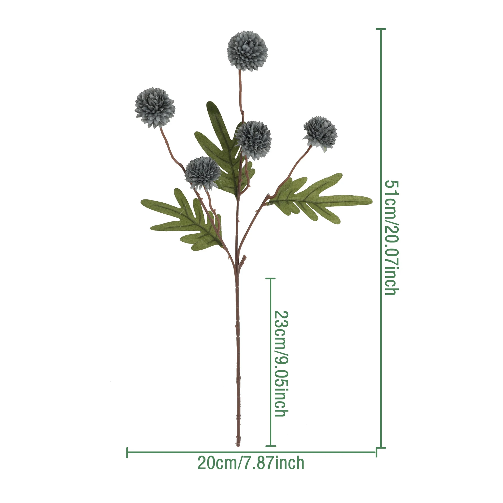 Size diagram for dark gray artificial pom pom flower spray