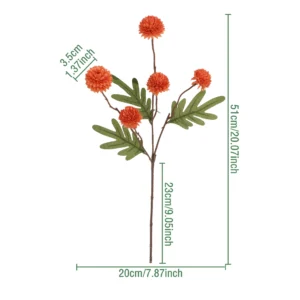 Size diagram for orange artificial pom pom flower spray