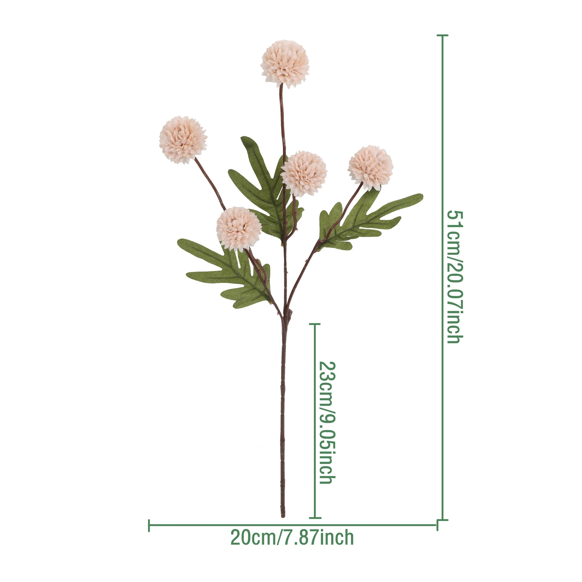 Size diagram for peach artificial pom pom flower spray