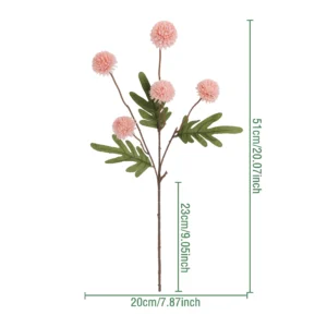 Size diagram for pink artificial pom pom flower spray