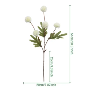 Size diagram for white artificial pom pom flower spray