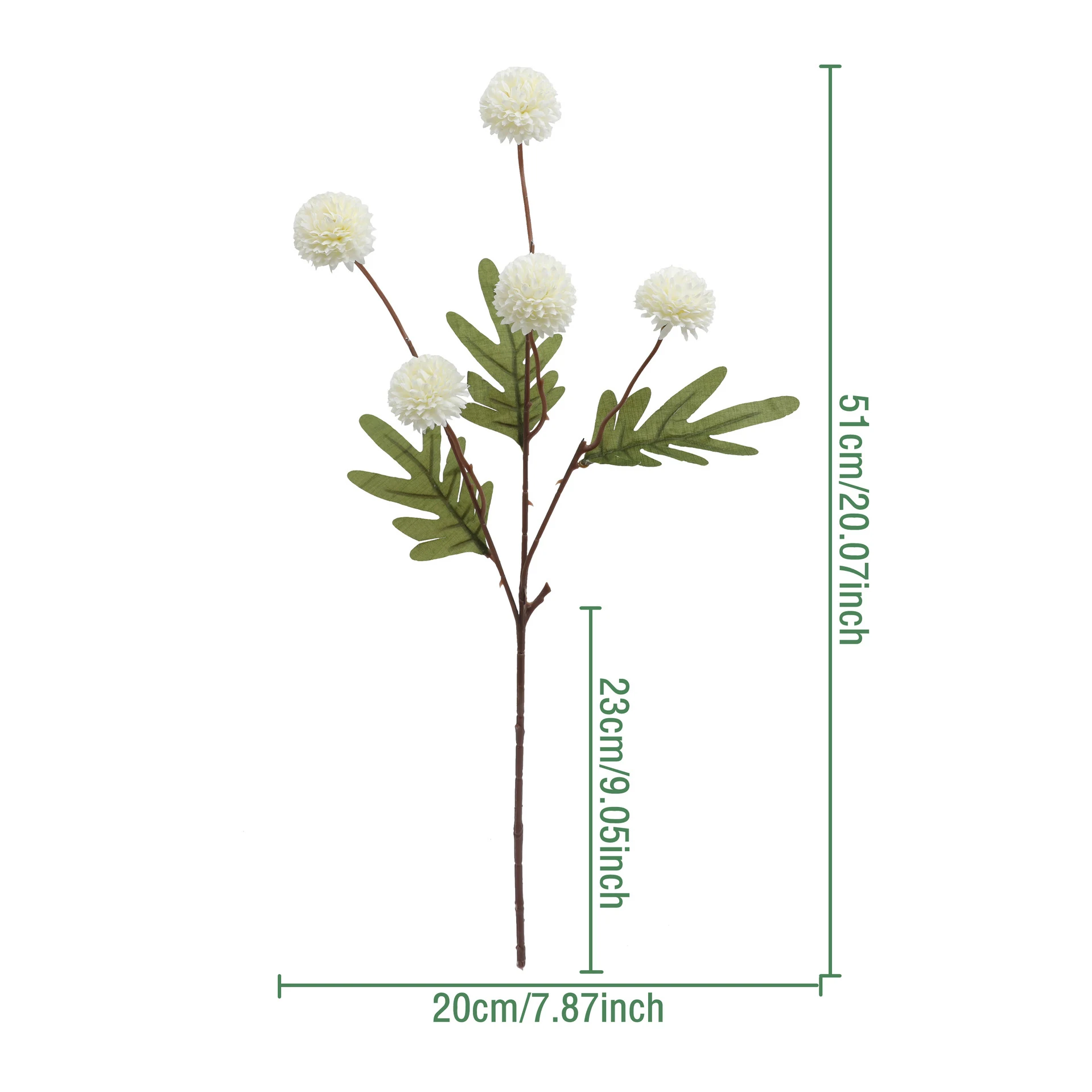 Size diagram for white artificial pom pom flower spray