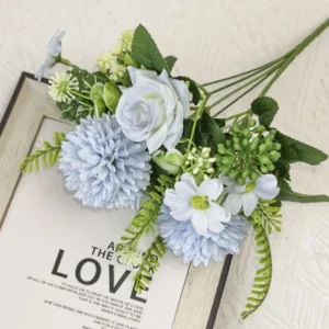 Blue artificial pompon chrysanthemum mixed flower bouquet with rose and daisy accents