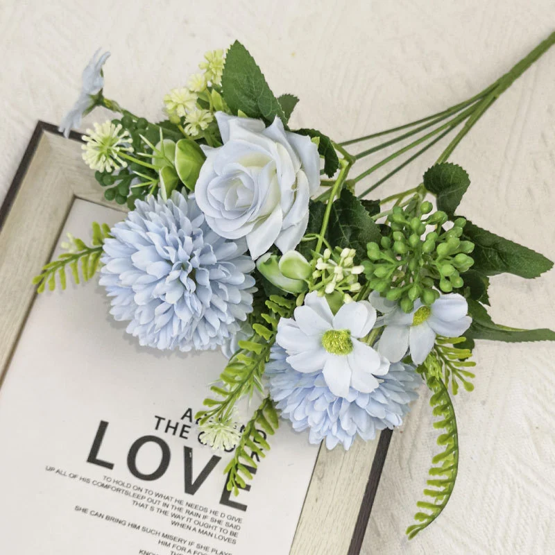 Blue artificial pompon chrysanthemum mixed flower bouquet with rose and daisy accents