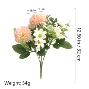 Size and weight diagram for 32 cm champagne artificial pompon chrysanthemum bouquet with 7 cm flower head, 54 g