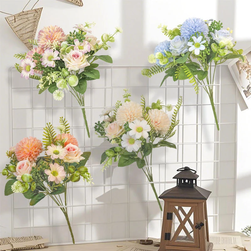 Artificial pompon chrysanthemum mixed flower bouquets in coordinated colorways displayed on a grid