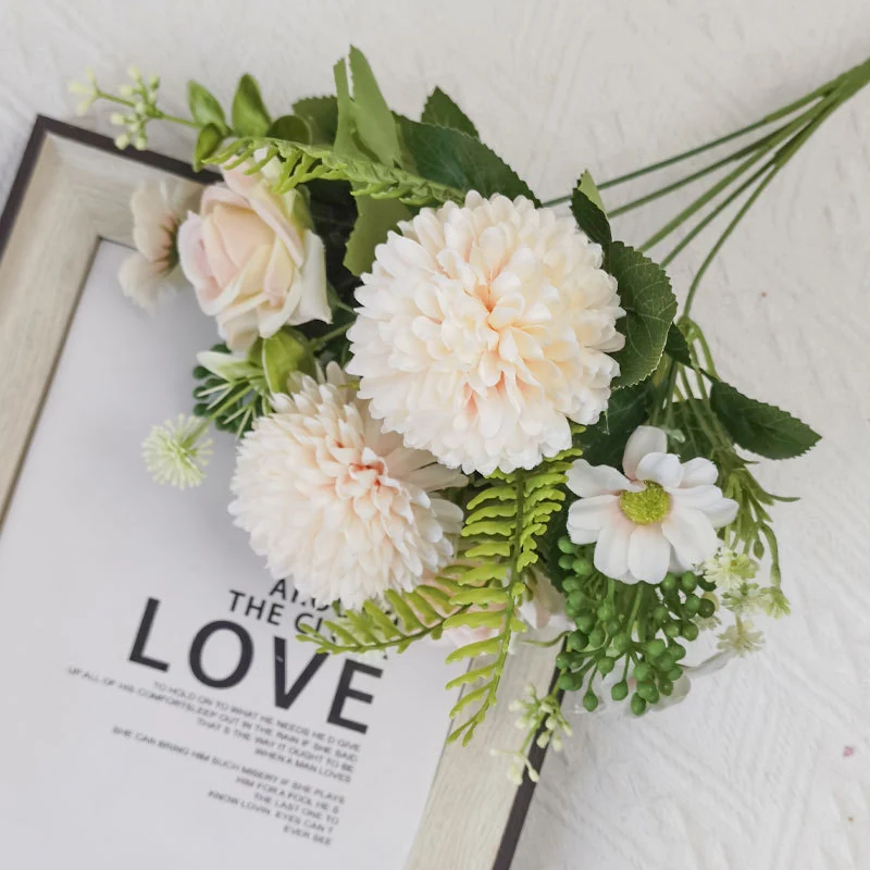 Ivory white artificial pompon chrysanthemum mixed flower bouquet with green foliage