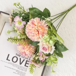 Pink purple artificial pompon chrysanthemum mixed flower bouquet with rose and daisy accents