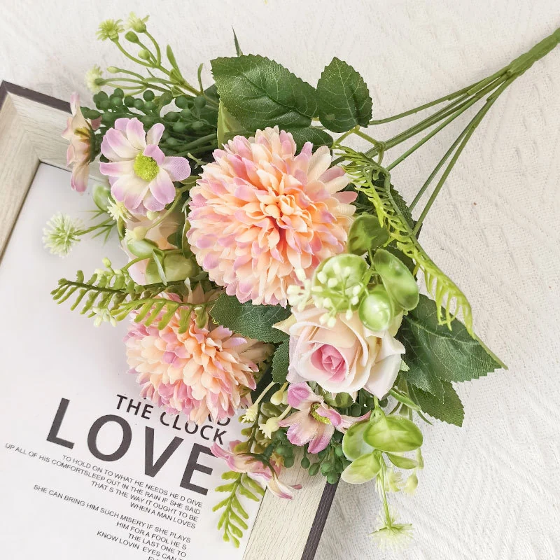 Pink purple artificial pompon chrysanthemum mixed flower bouquet with rose and daisy accents