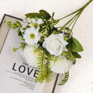 White artificial pompon chrysanthemum mixed flower bouquet with rose and foliage accents