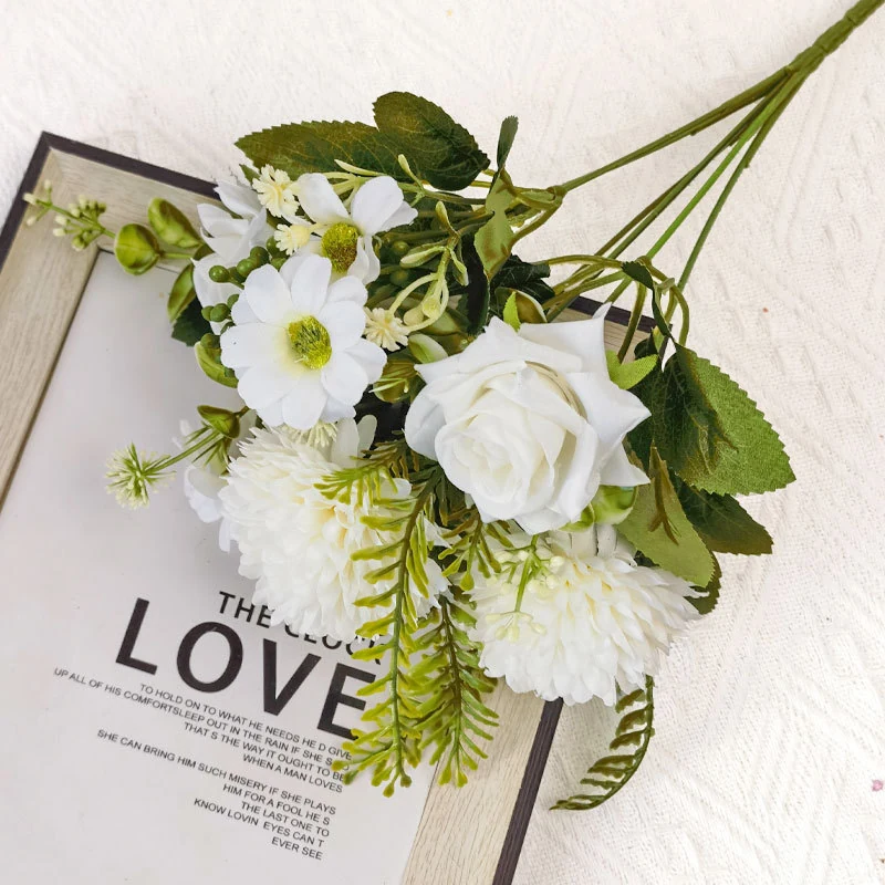 White artificial pompon chrysanthemum mixed flower bouquet with rose and foliage accents