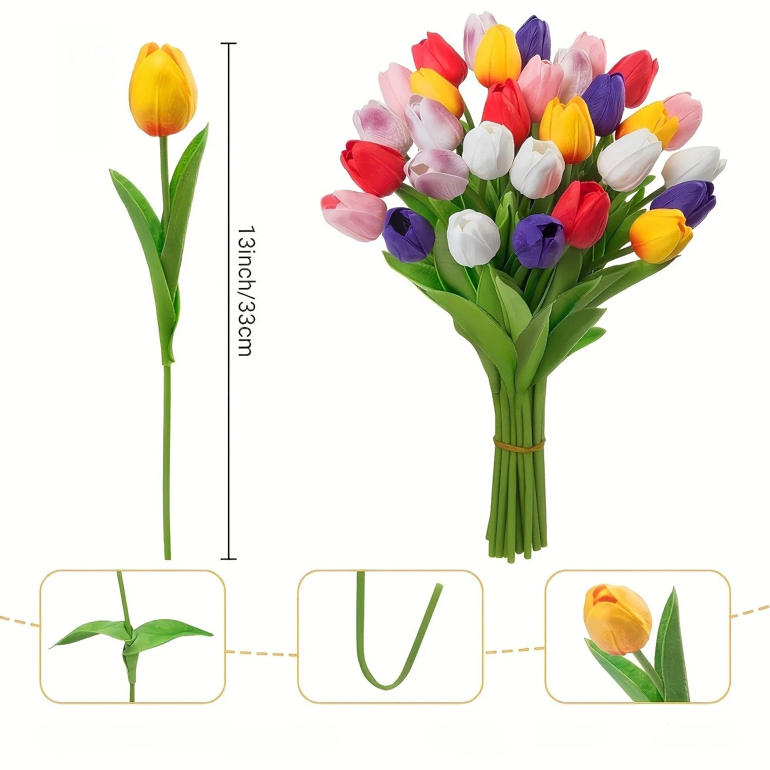 Size diagram and bendable-stem details for 33 cm real touch PU artificial tulip stem