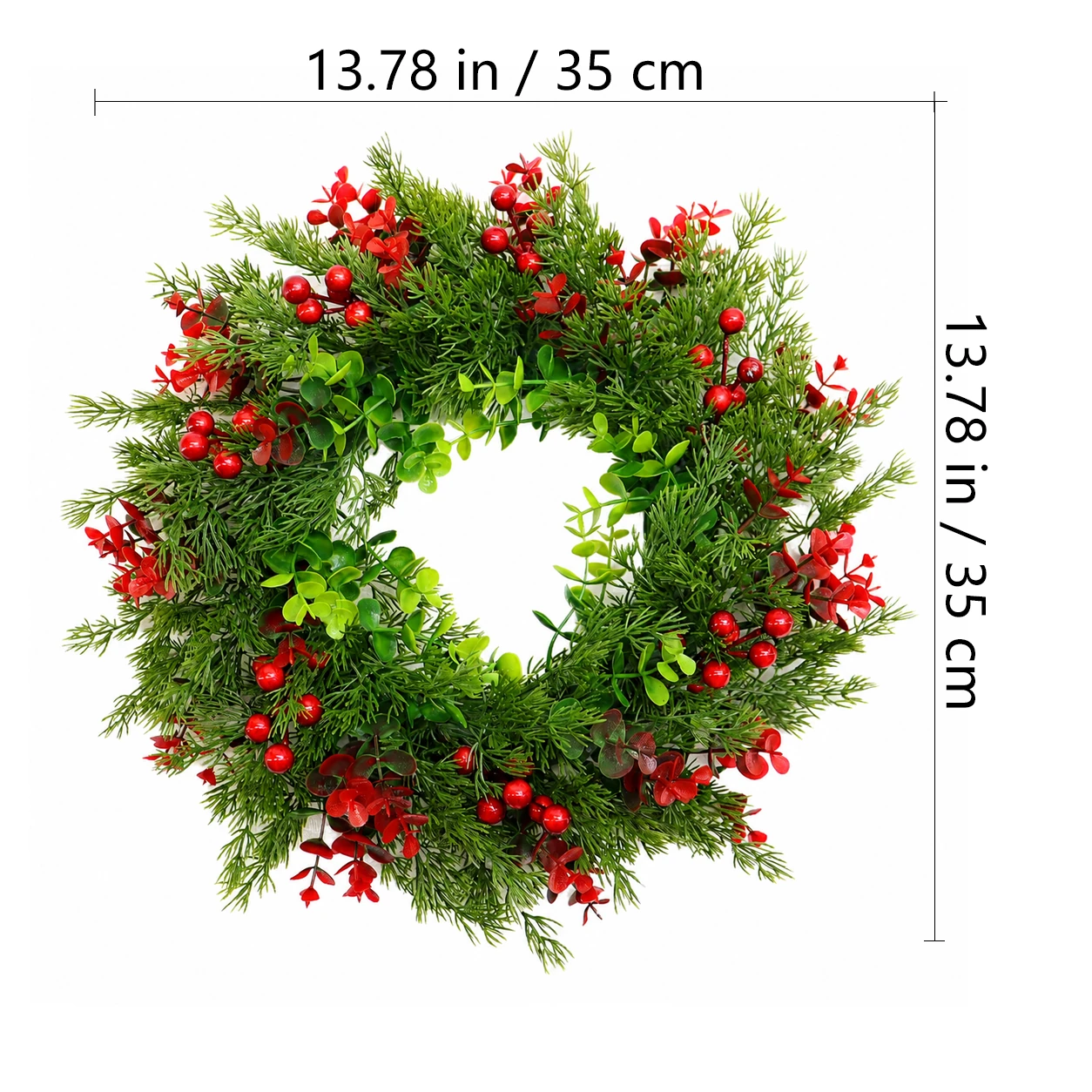 Specification diagram for artificial Red Berry Mixed Greenery Wreath