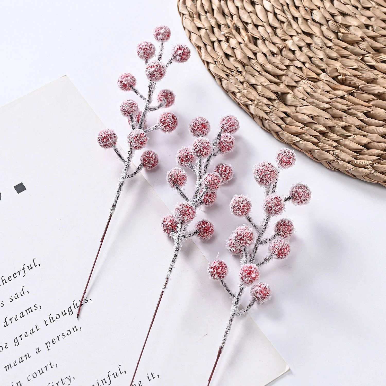 Snow-dusted red artificial berry picks with flocked stems, 23 cm