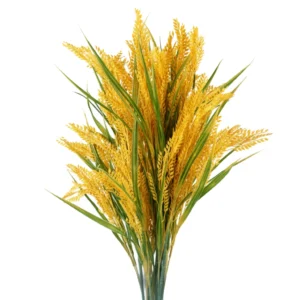 Golden artificial rice stems with slender green leaves