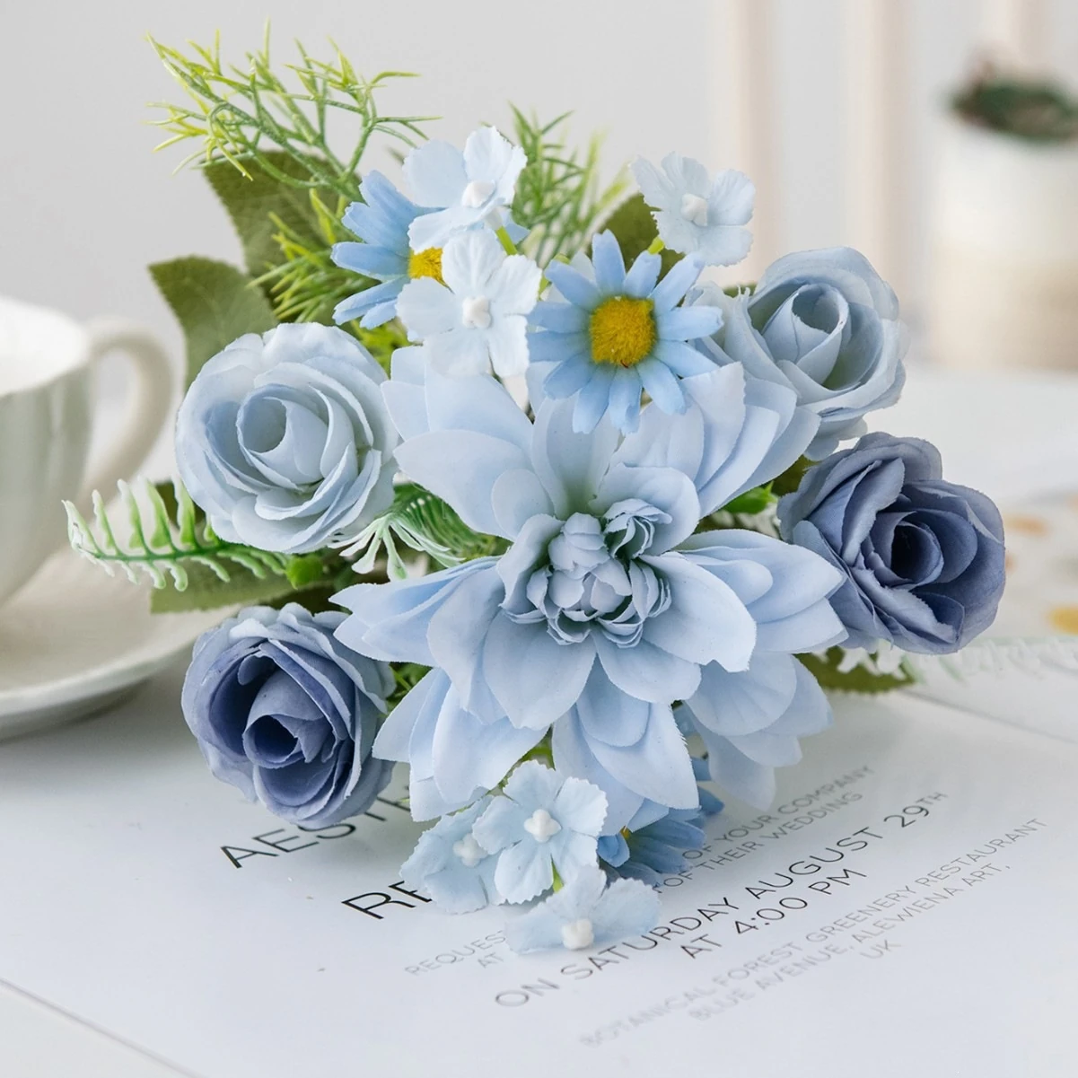 Blue artificial Rose and Dahlia Mixed Flower Bouquet, 26 cm