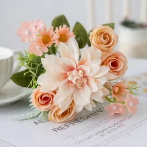 Peach artificial Rose and Dahlia Mixed Flower Bouquet, 26 cm