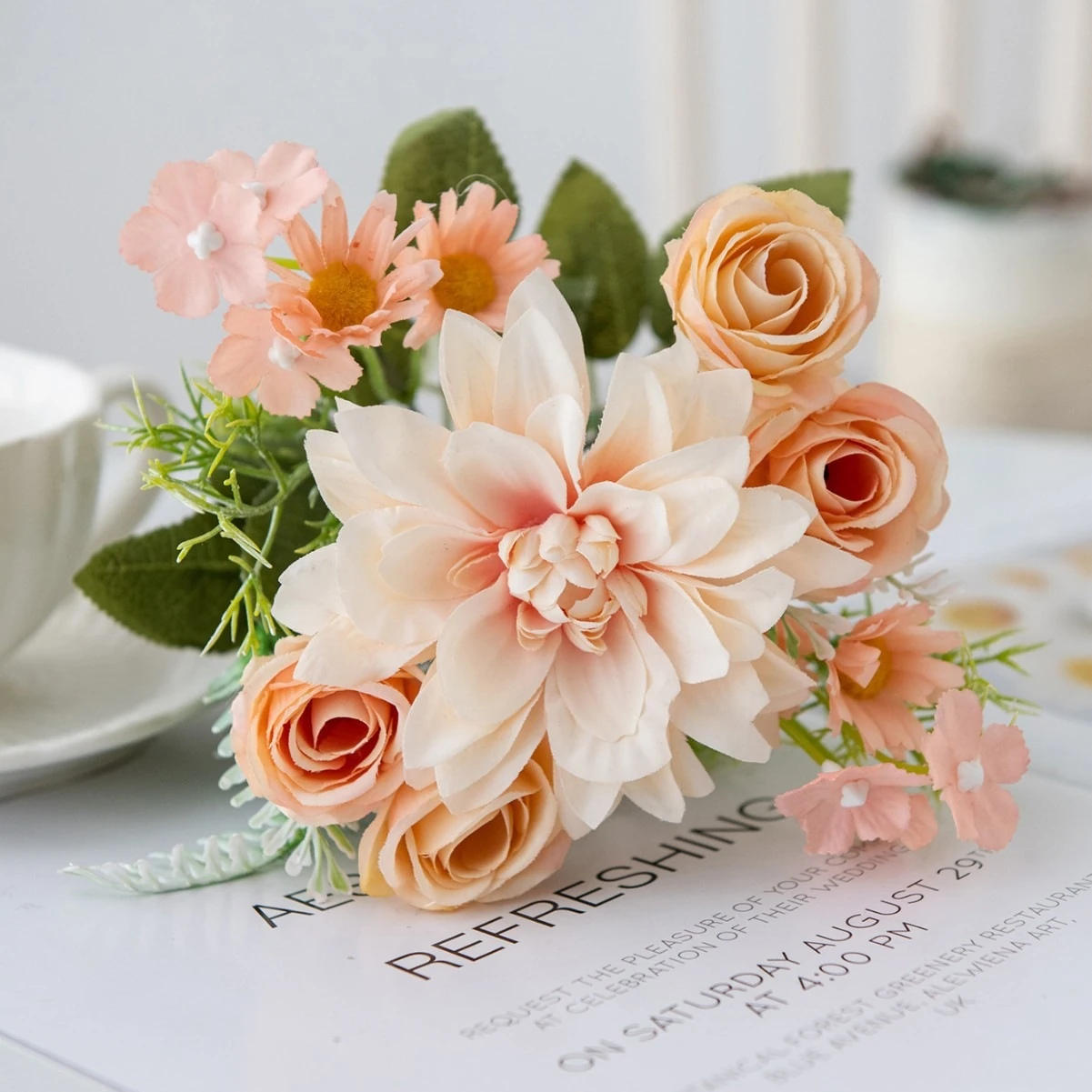 Peach artificial Rose and Dahlia Mixed Flower Bouquet, 26 cm