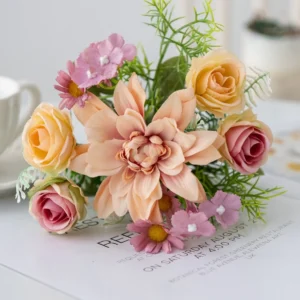 Pink artificial Rose and Dahlia Mixed Flower Bouquet arranged for decorative display