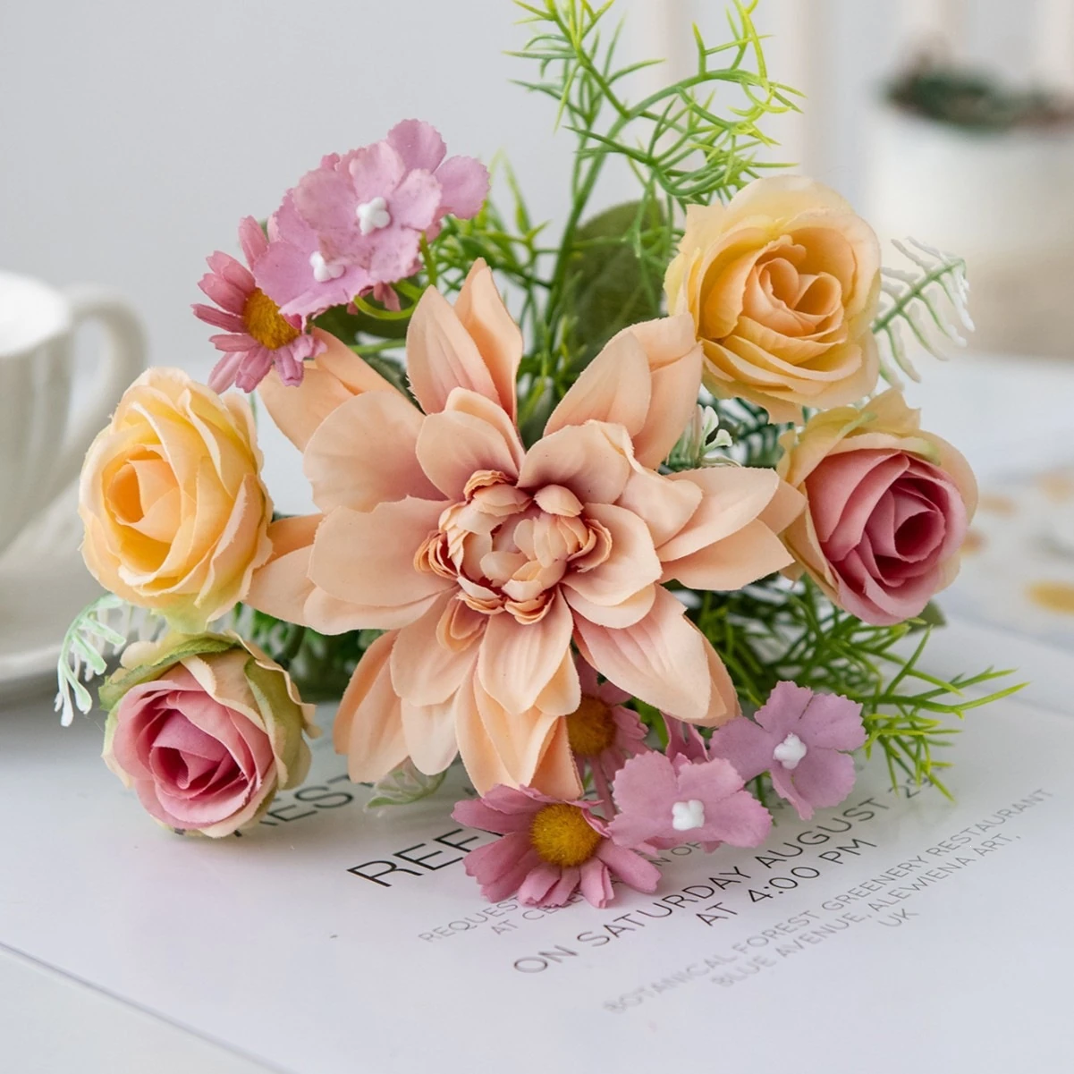 Pink artificial Rose and Dahlia Mixed Flower Bouquet arranged for decorative display