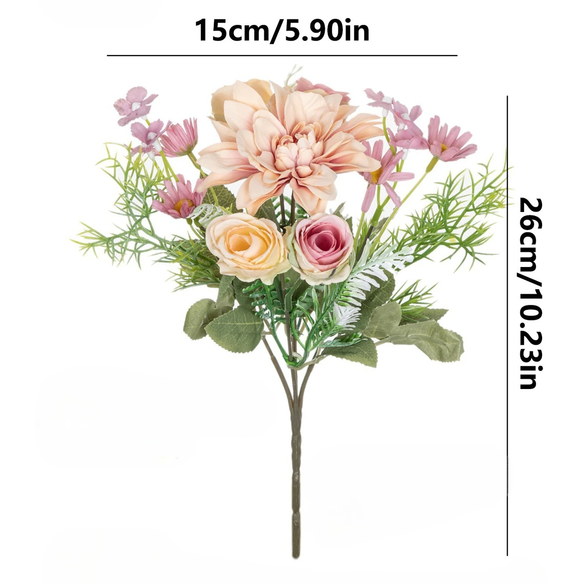 Specification diagram for pink artificial Rose and Dahlia Mixed Flower Bouquet