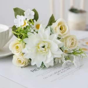 White artificial Rose and Dahlia Mixed Flower Bouquet arranged for decorative display