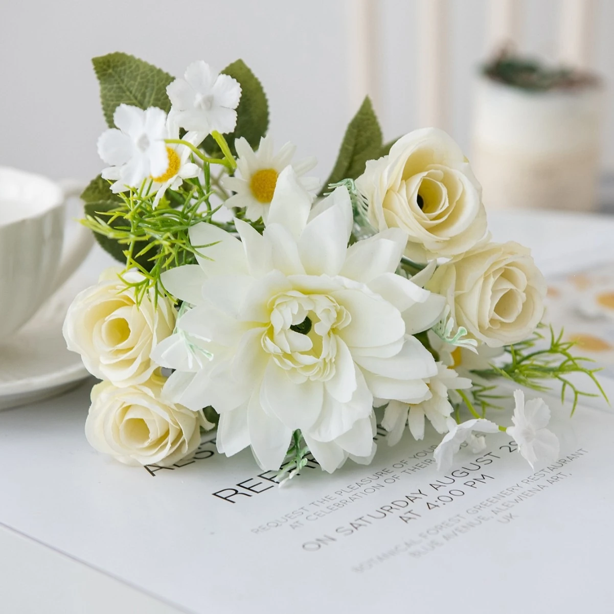 White artificial Rose and Dahlia Mixed Flower Bouquet arranged for decorative display