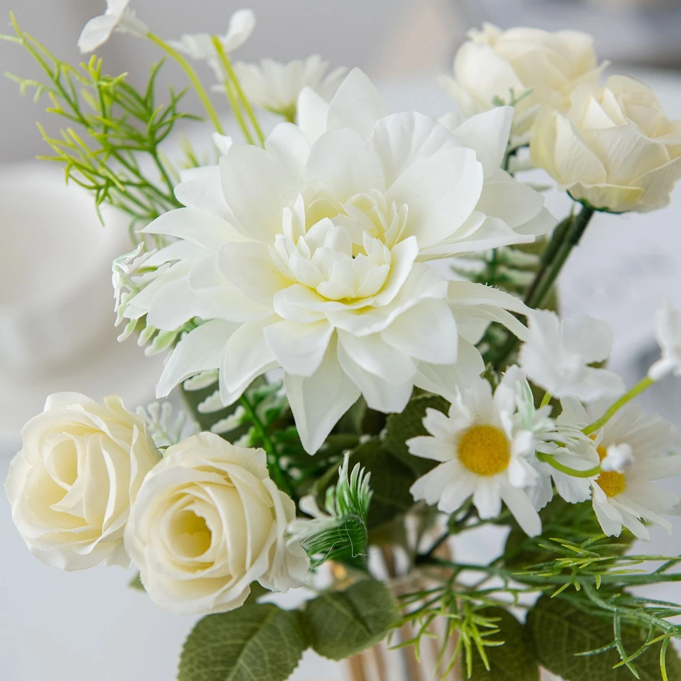 White artificial Rose and Dahlia Mixed Flower Bouquet, 26 cm