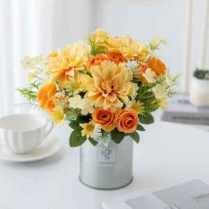 Yellow artificial Rose and Dahlia Mixed Flower Bouquet arranged for decorative display