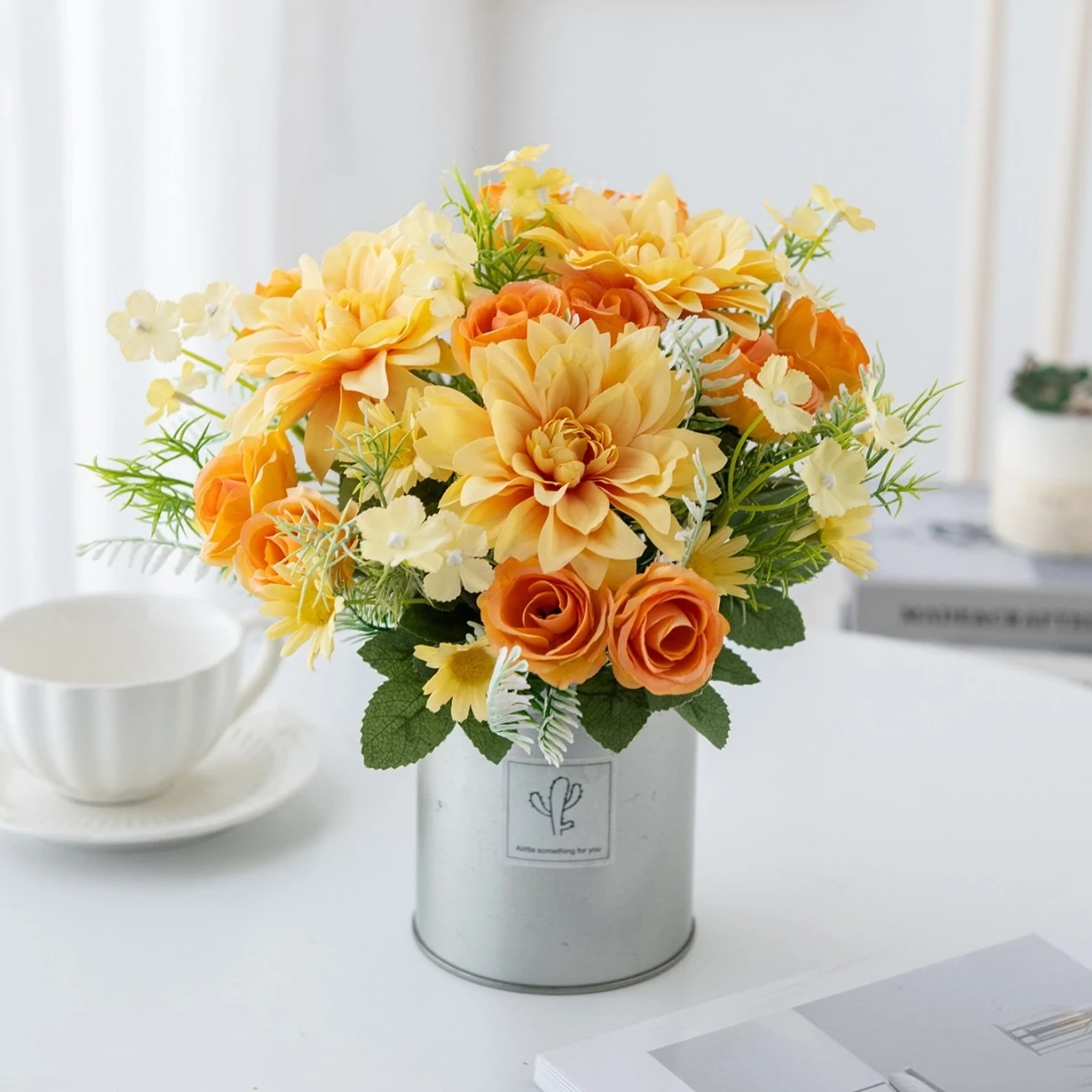 Yellow artificial Rose and Dahlia Mixed Flower Bouquet arranged for decorative display