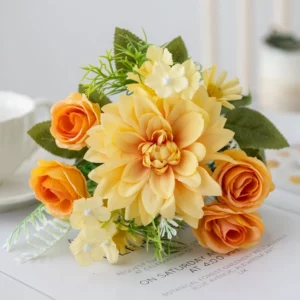 Yellow artificial Rose and Dahlia Mixed Flower Bouquet, 26 cm