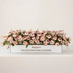 blush pink artificial rose baby's breath flower box centerpiece