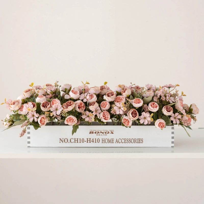 blush pink artificial rose baby's breath flower box centerpiece