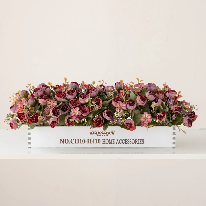 burgundy artificial rose baby's breath flower box centerpiece