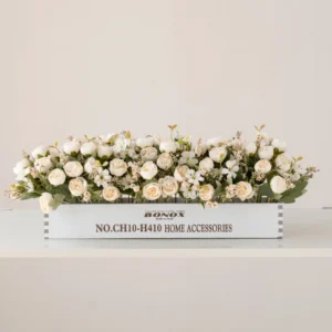 Alternate view of white artificial rose baby's breath flower box centerpiece