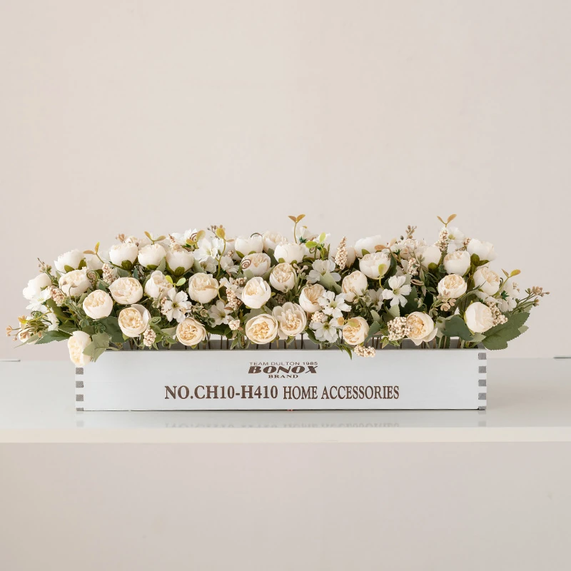 Alternate view of white artificial rose baby's breath flower box centerpiece