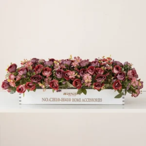 burgundy artificial rose blossom flower box centerpiece