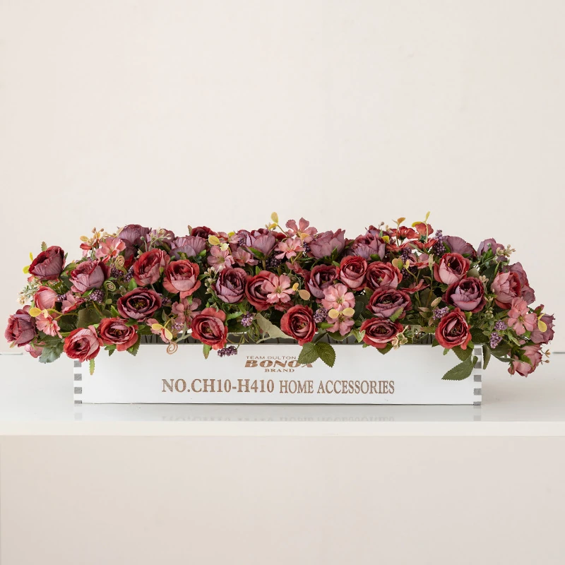 burgundy artificial rose blossom flower box centerpiece