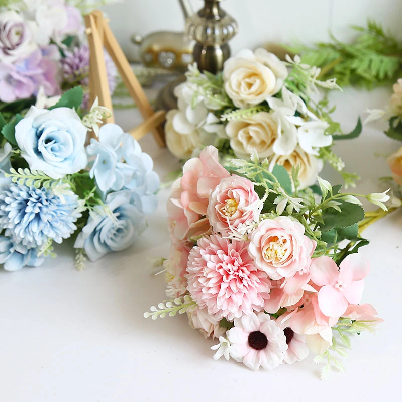 Available colors for artificial rose and chrysanthemum mixed flower bouquet