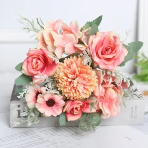 Coral artificial rose and chrysanthemum mixed flower bouquet
