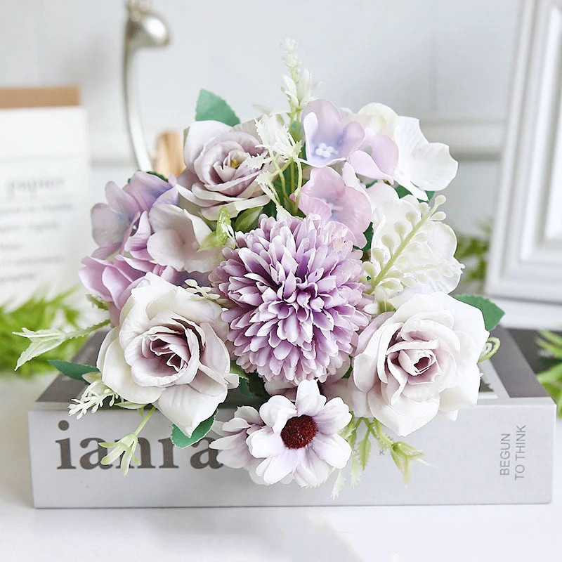 Lavender artificial rose and chrysanthemum mixed flower bouquet