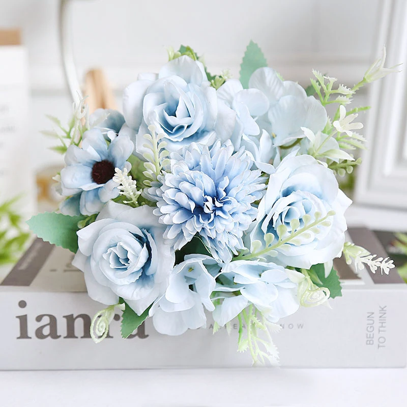 Light Blue artificial rose and chrysanthemum mixed flower bouquet