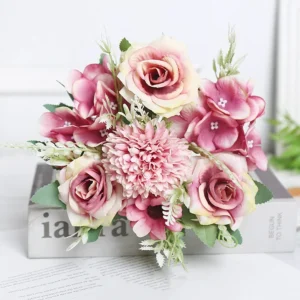 Mauve artificial rose and chrysanthemum mixed flower bouquet
