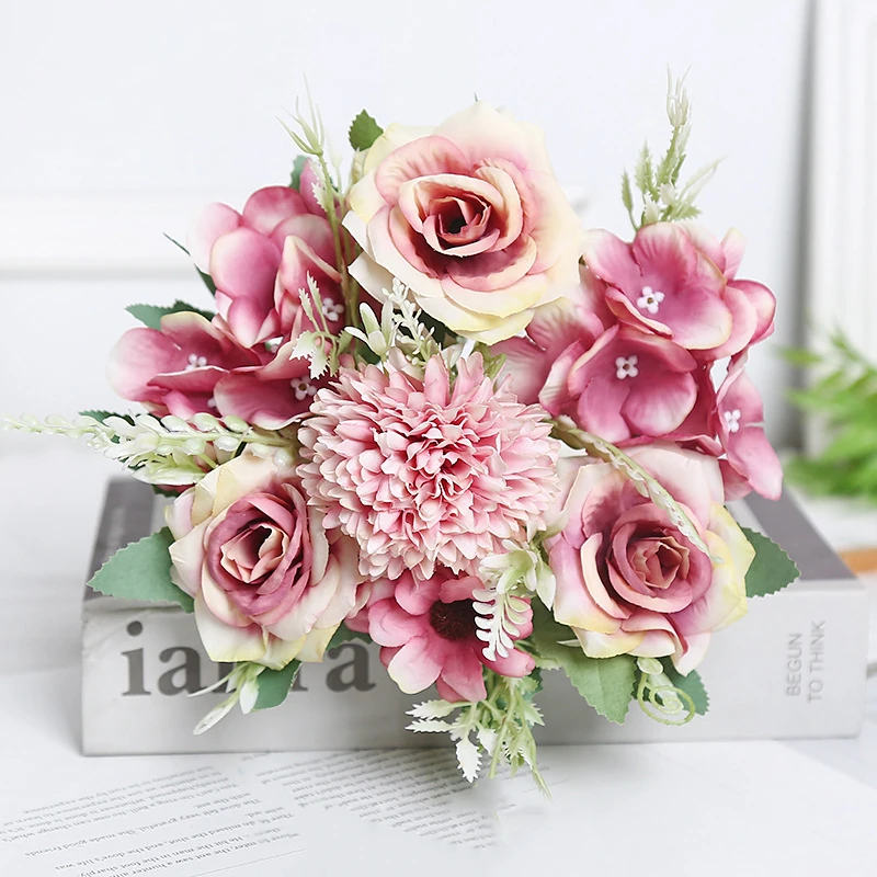 Mauve artificial rose and chrysanthemum mixed flower bouquet