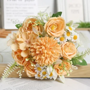Orange artificial rose and chrysanthemum mixed flower bouquet