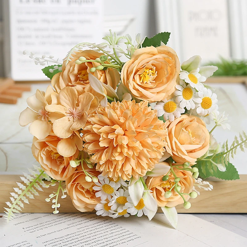 Orange artificial rose and chrysanthemum mixed flower bouquet