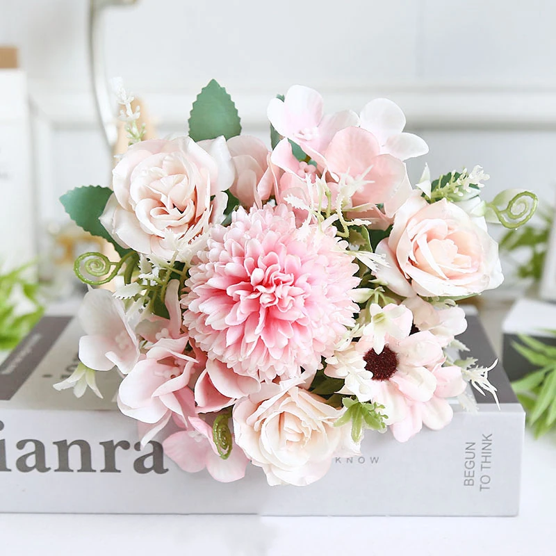 Pink artificial rose and chrysanthemum mixed flower bouquet