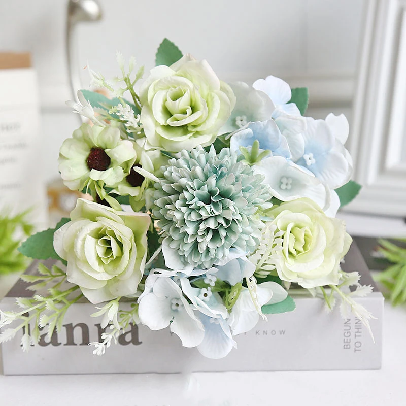 Sage Green artificial rose and chrysanthemum mixed flower bouquet