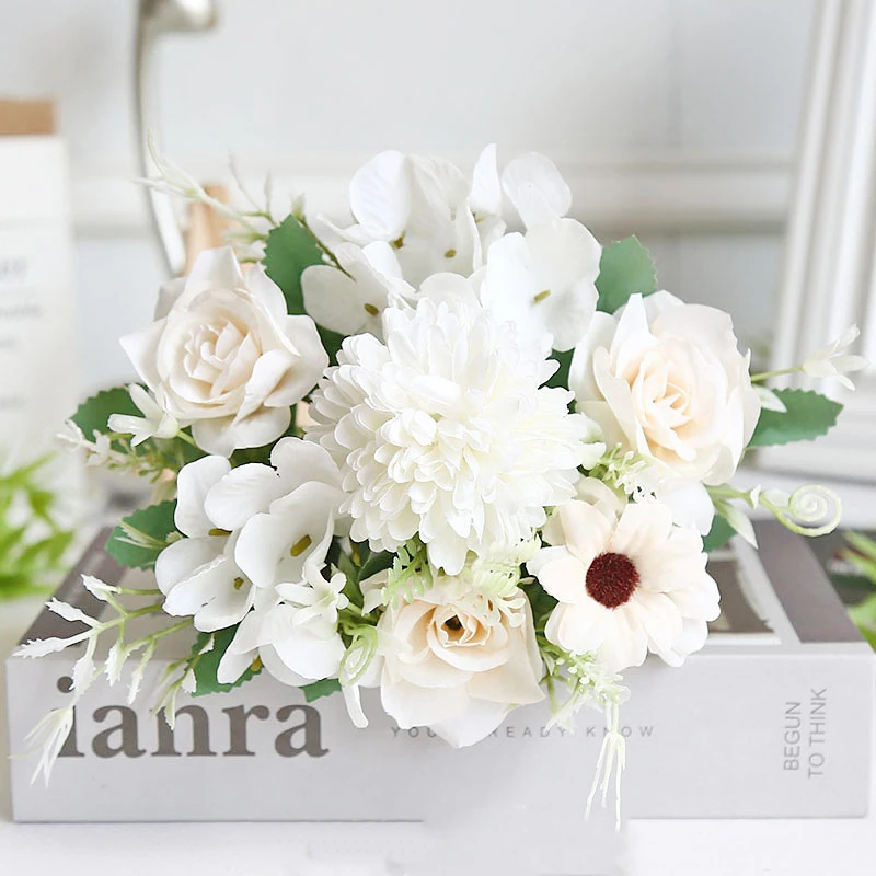 White artificial rose and chrysanthemum mixed flower bouquet