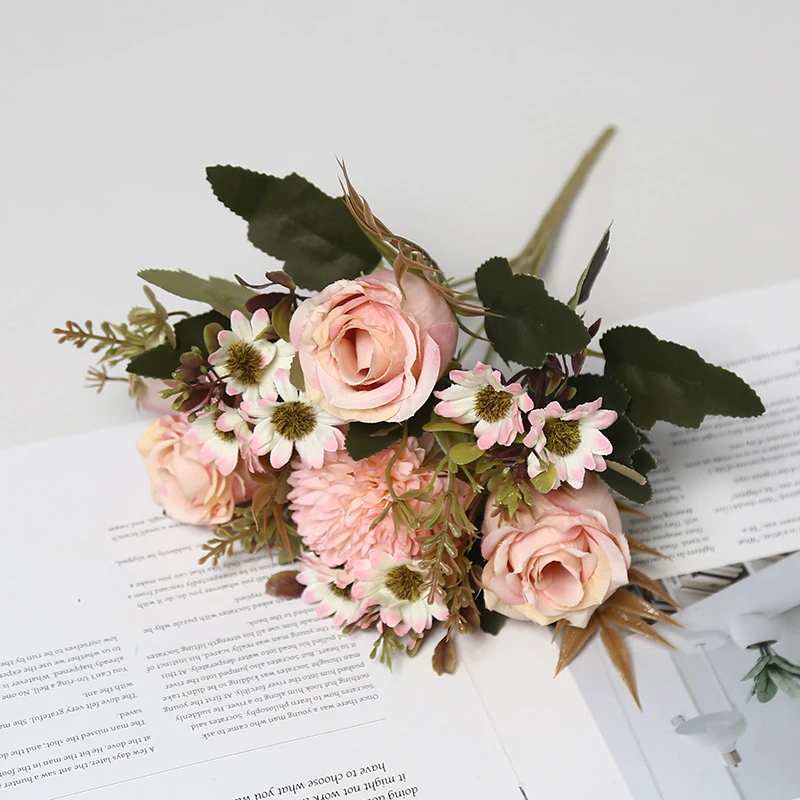 Blush artificial rose and daisy mixed flower bouquet